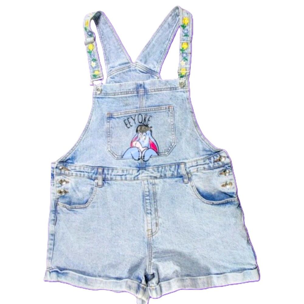 Disney Eeyore Denim Short Overalls Womens XL Winnie the Pooh Floral Straps